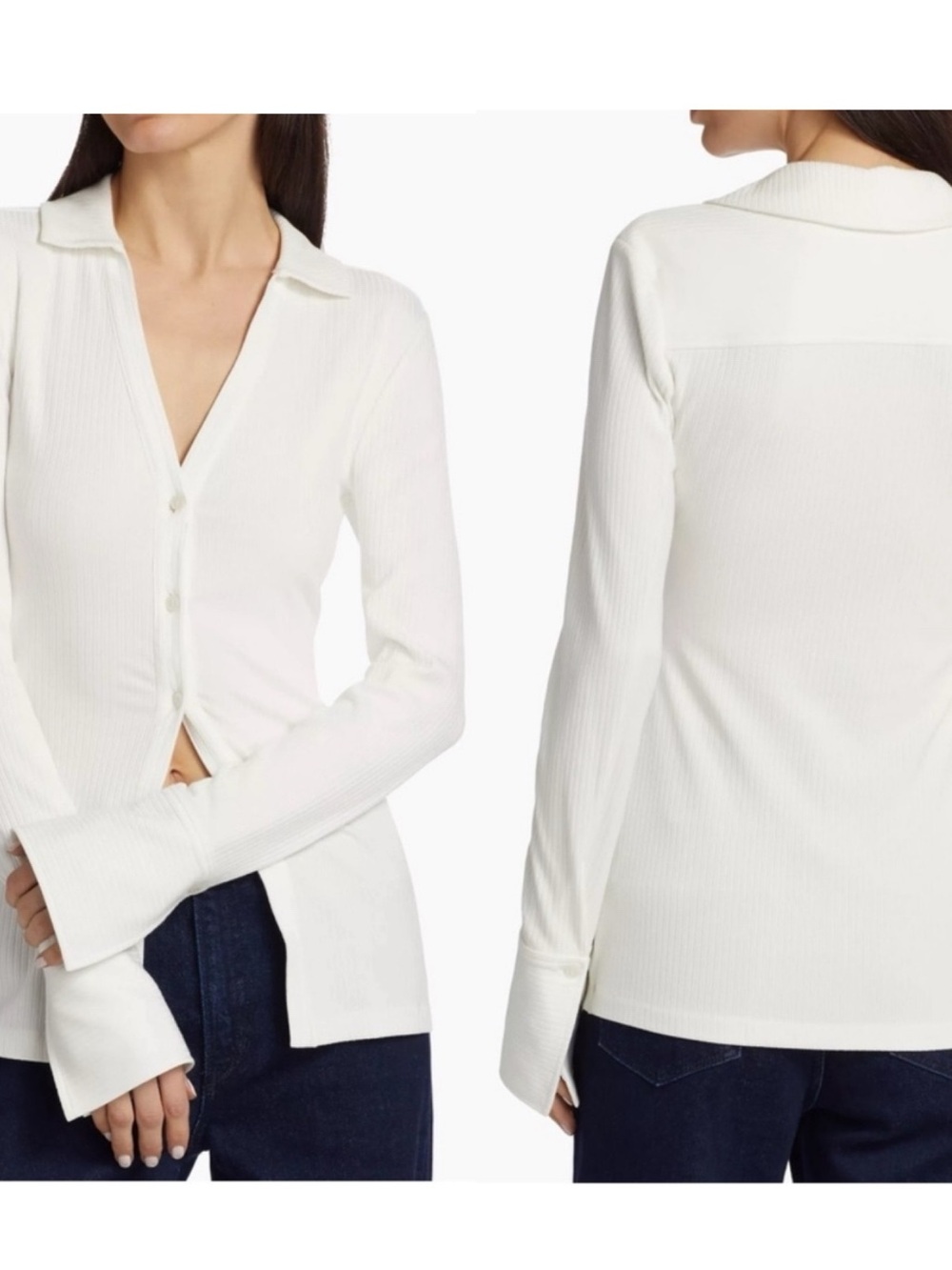 Derek Lam 10 Crosby Chandler Ribbed Knit Top Med White Button Front Minimalist